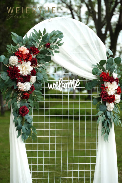 WEIERYUE Artificial Wedding Arch Flowers Kit(Pack of 3),2Pcs Artificial Flower Arch Decor,1Pcs Sheer Drape for Wedding Ceremony Arbor for WeddingCeremony (Burgundy Wedding)