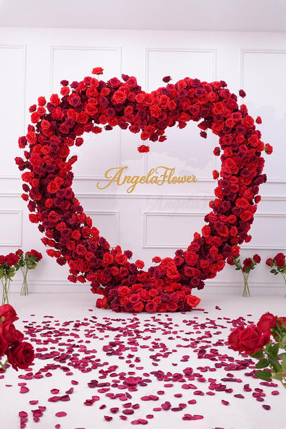Fabric Cloth Base Artificial Flower Arrangement Decorative Heart Shaped Wedding Arch Backdrop Marriage Proposal Outdoor Party Event Decoration (Dark Red & Red Flowers no Arch)