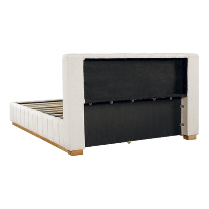 FammyLoft King Size Bed Frame, Elegant Striped Fabric Upholstered Bed Frame, Minimalist Bed Frame with Padded Headboard, 800 lbs Support, Modern King Bedroom Furniture,Beige