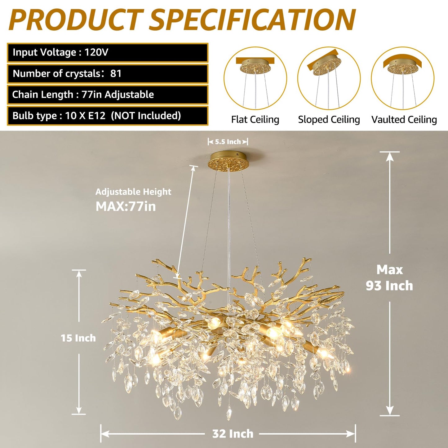 EGM Gold Tree Branch Crystal Chandelier, 32 Inch Modern Raindrop Crystal Ceiling Light Fixtures 10-Light(E12), Hanging Round Chandeliers for Dining Room Living Room Bedroom Foyer