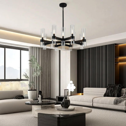 12 Light Black Chandeliers for Dining Room Light Fixtures Over Table, Modern Farmhouse Chandelier with Clear Glass Cover for Living Dining Room Kitchen Island Bedroom Foyer 34"