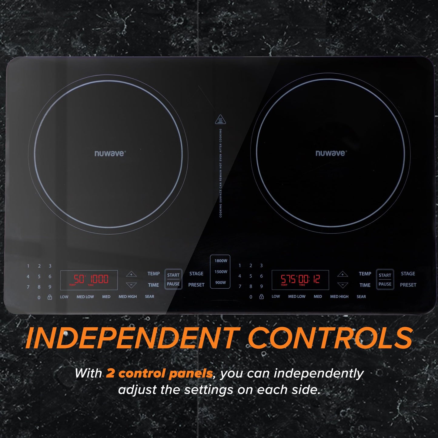 Nuwave Double Pro Cooktop Induction Countertop Burner, Portable, 900/1500/1800W with Dynamic Watt Technology, 50°F to 575°F, 8” Heating Coil, Shatter-Proof Ceramic Glass, Seamless IMD Touch Panel