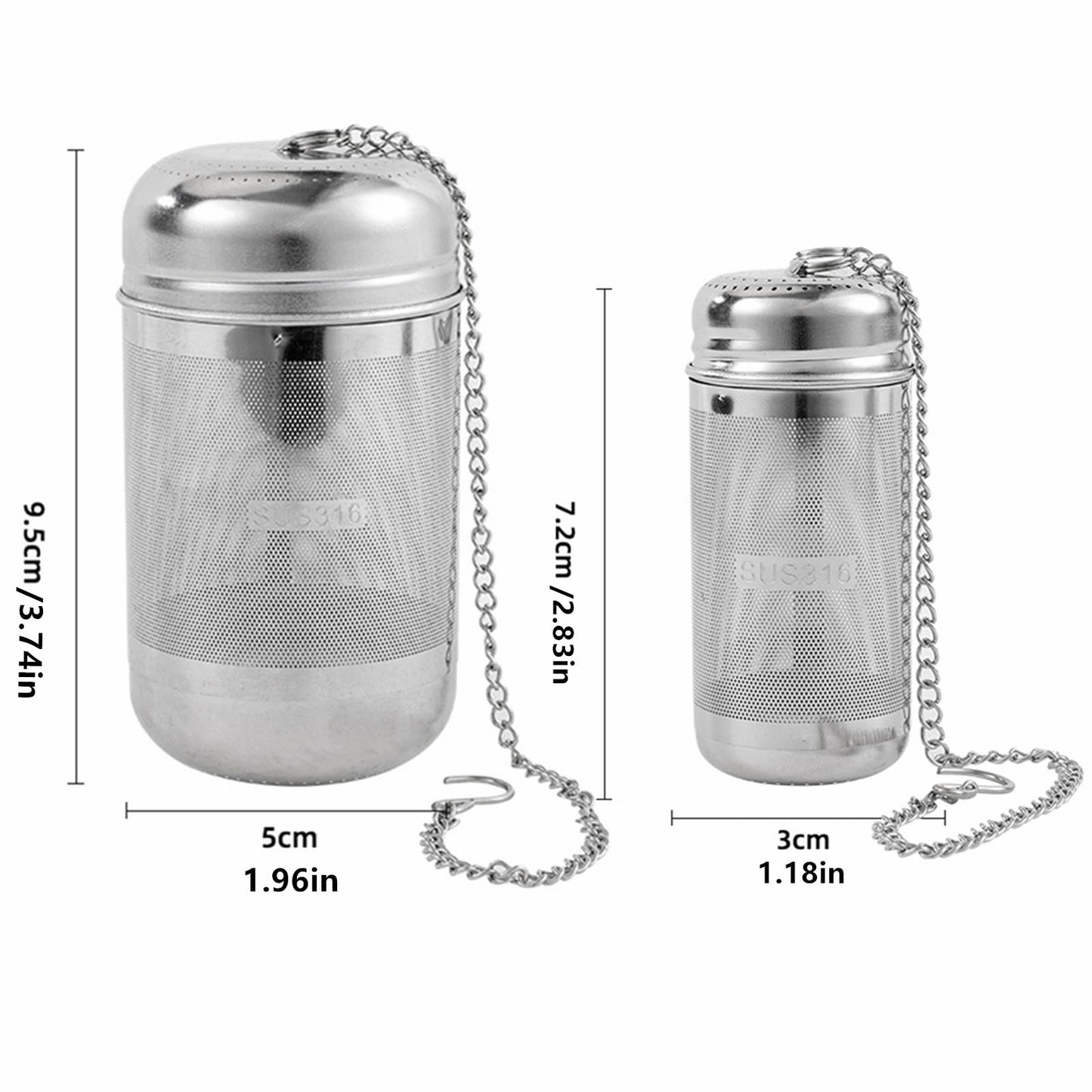 2 Pack Tea Strainers with chain for Loose Tea Sets,Universal Extra Fine Mesh Tea Infuser, 316Stainless Steel & Updated Slim Threaded Lid,Suitable for soaking tea,99% of cup，2 Size