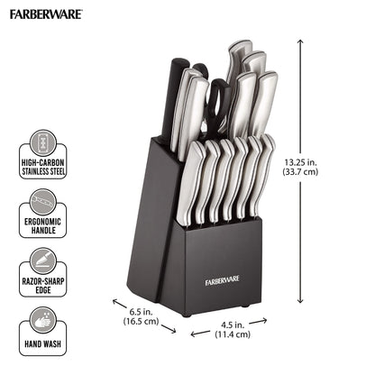 Farberware 15-Piece Kitchen Knife Set, High-Carbon Stainless Steel Blades with Wood Block, Steak Knives, Sharpening Tool & All-Purpose Shears, Razor Sharp, Ergonomic Stainless Steel Handles