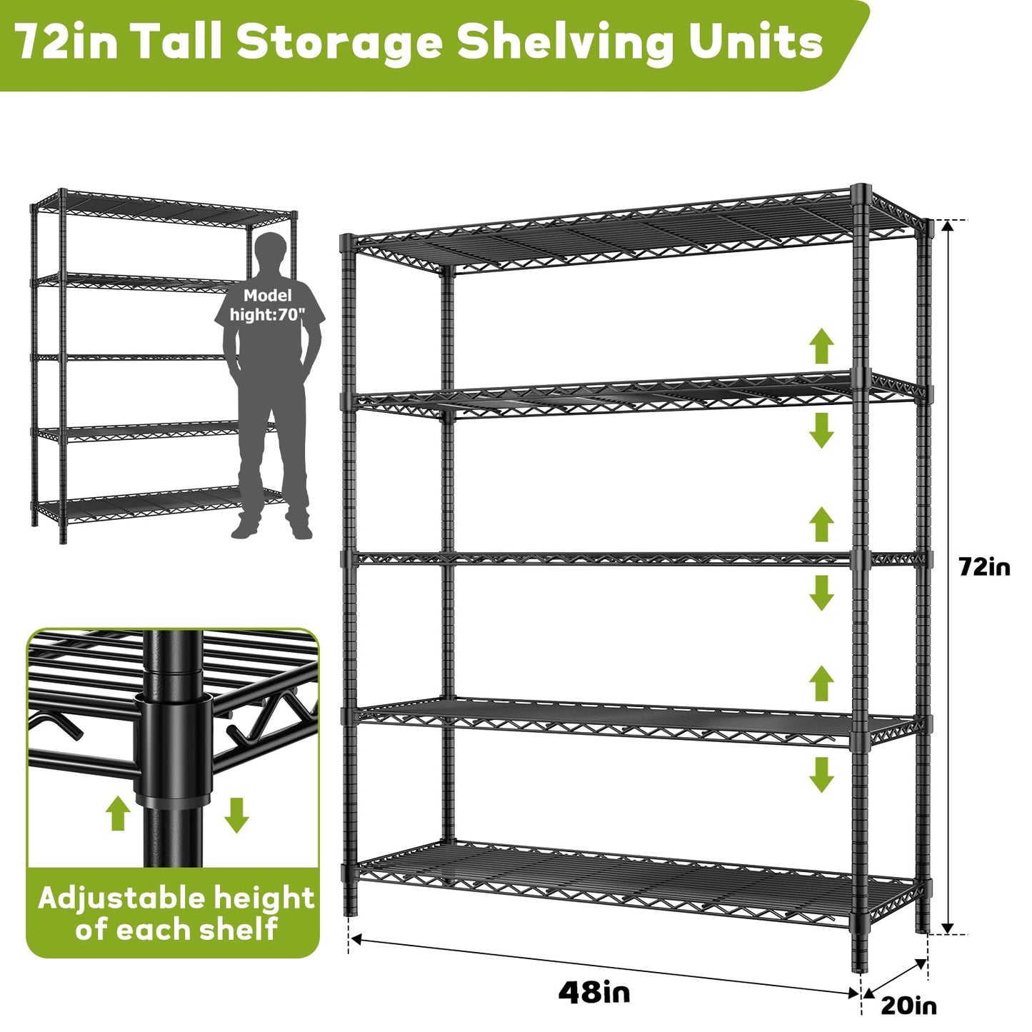 MODCART Storage Shelves, 2 PCS 48" L x 20" W x 72" H Heavy Duty Garage Wire Shelving Unit Loads 2000LBS, 5-Tier Adjustable Metal Industrial Utility Shelf Rack for Kitchen, Laundry Room, Basement