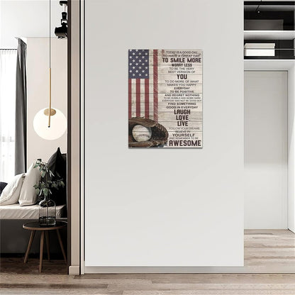 Inspirational Baseball Wall Art - Sport Theme Canvas Prints with American Flag, Motivational Quotes for Home Decor