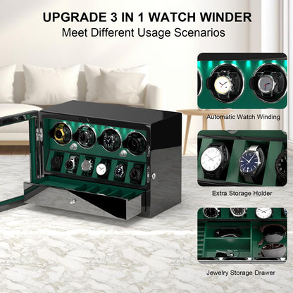 DUKWIN Watch Winder for 4 Automatic Watches,Lockable Watch Winders with Watch and Jewelry Storages, Super Quiet Mabuchi Motor with High-Gloss Piano Lacquer Finish,Built-in Illumination-Green