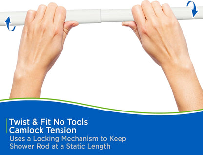 Kenney KN609C/10 Twist & Fit No Tools Camlock Tension Shower Curtain Rod, 42-72" Adjustable Length, White