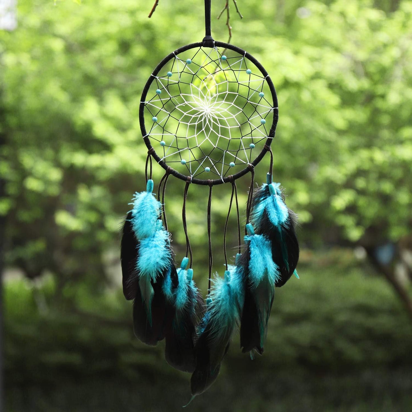 Dream Catcher with Bicolor Mesh, Handmade Dark Tone Dreamcatcher with Black and Turquoise Feather Wall Hanging