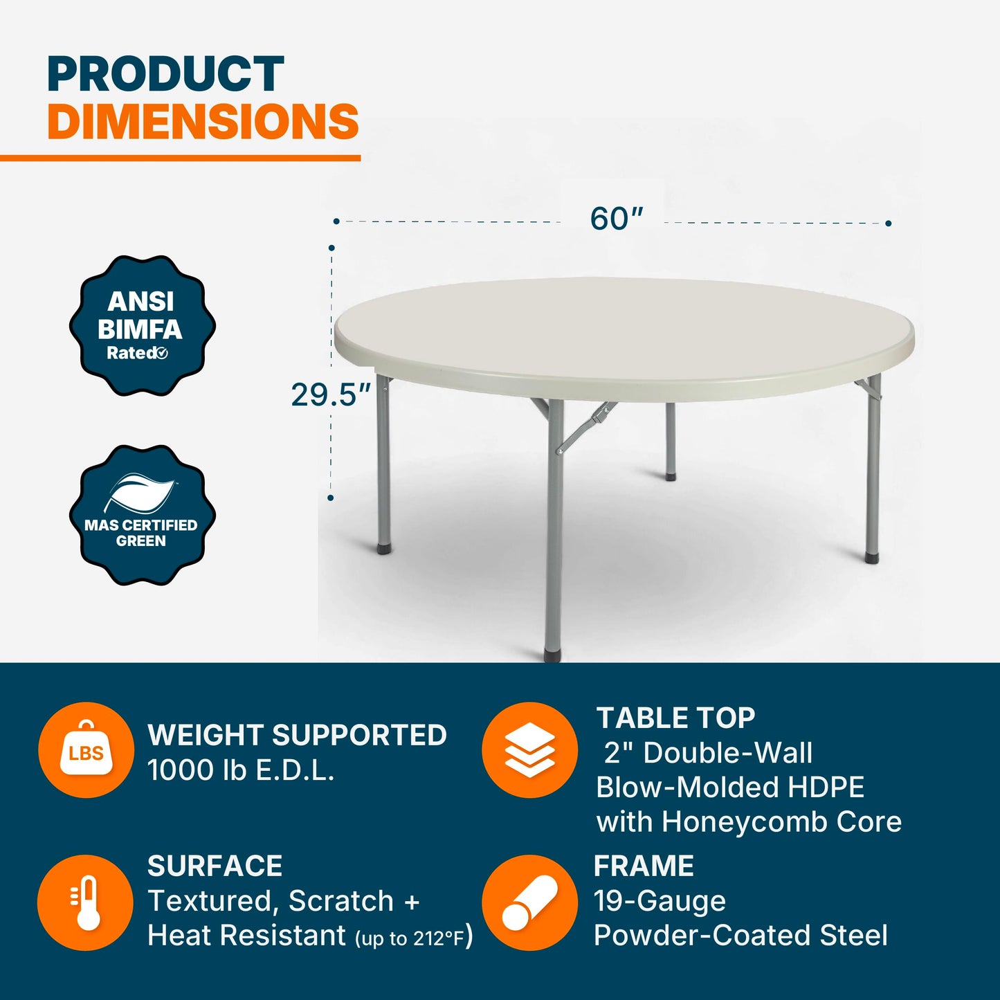 OEF Furnishings OEFBT60R Round Commercial-Grade Premium Industrial Folding Table, Heavy-Duty Blow-Molded Design with Thick Top and 17-Gauge Steel Frame (60" Diameter, Speckled Gray Top)