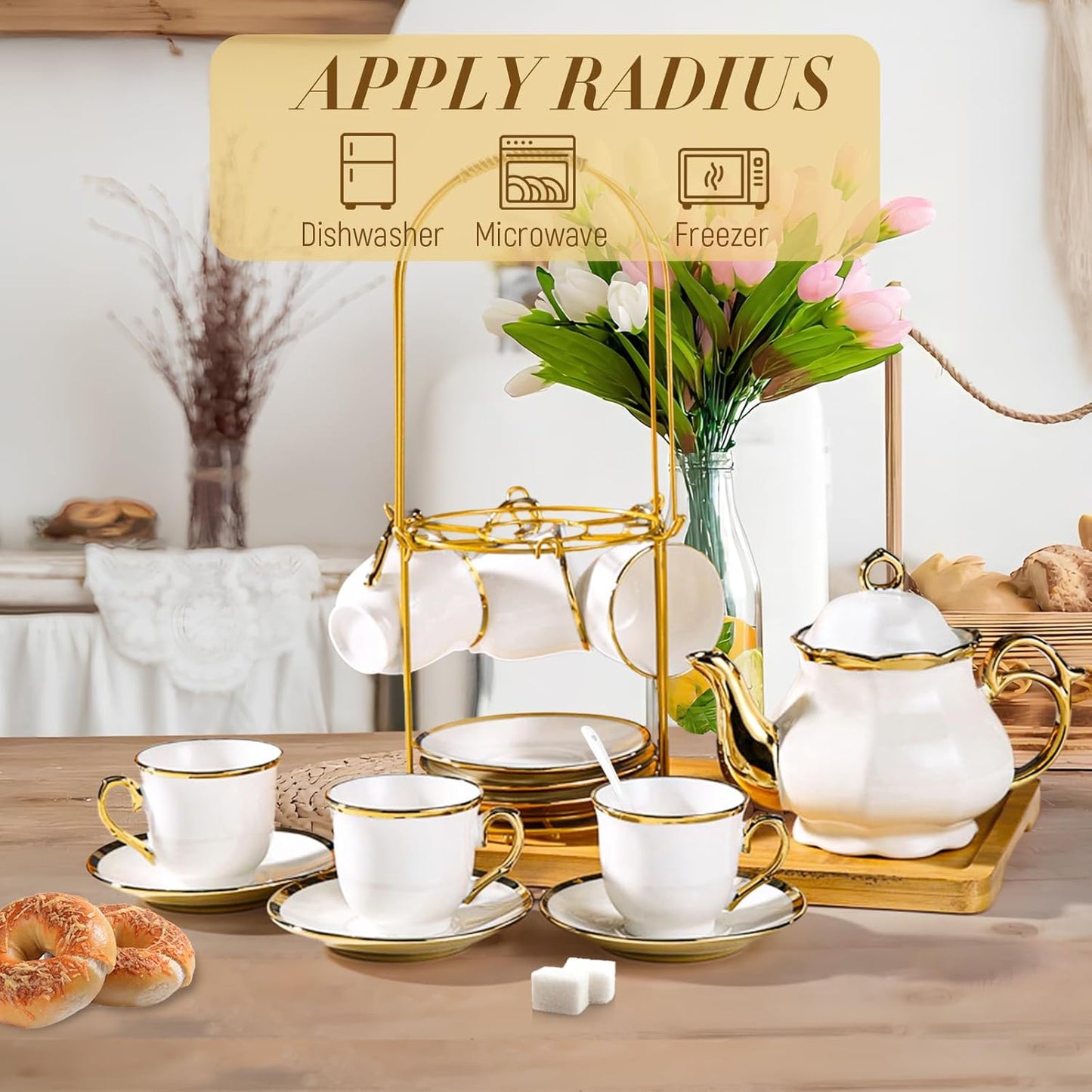 20 Set Set Sets, Set Pcs Porcelain Tea with Metal Holder, European Ceramic Tea for Adults, Coffee Tea Gift French Tea