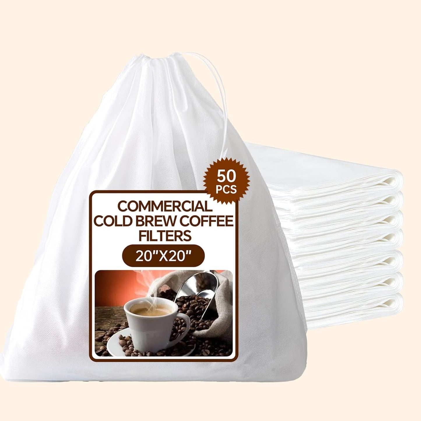 50 Pcs Commercial Cold Brew Coffee Filters – 20" x 20" Bags for Cold Brew Coffee Makers, with Drawstring