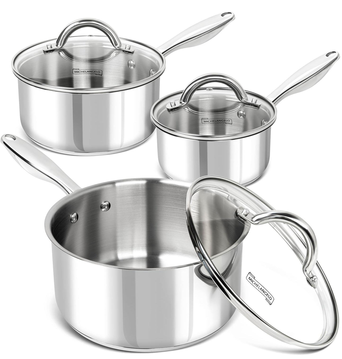 MICHELANGELO Saucepan Set 6pc, 18/10 Stainless Steel Sauce Pan with Lid, Tri-Ply Bottom Sauce Pot Set, Nonstick Saucepan, Induction Compatible, 1QT & 2QT &3QT