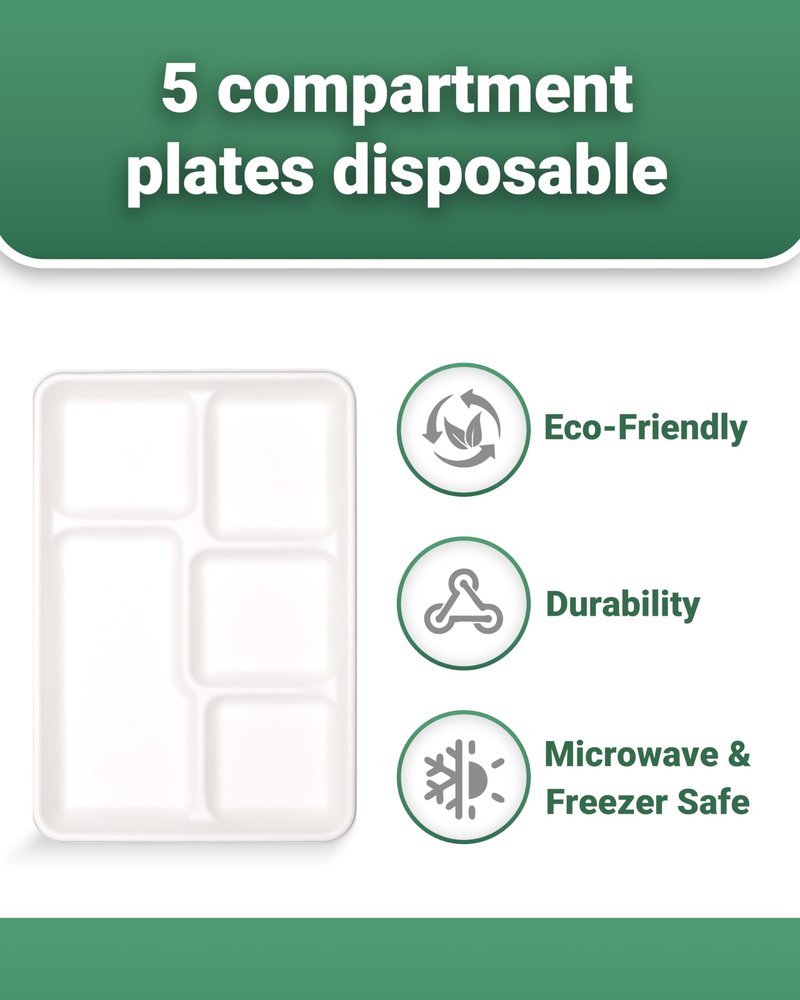 ZOES HOMEWARE 5 Compartment Plates Disposable, 100 Pack, 12.5" X 8.6" 100% Compostable Disposable Paper Plates with Dividers for School Lunch, Party, Buffet, Picnic