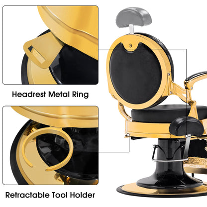 BarberPub Heavy Duty Metal Vintage Barber Chair All Purpose Hydraulic Recline Salon Beauty Spa Chair Styling Equipment 2933 (Gold)