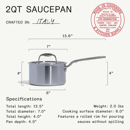 Made In Cookware - 2 Quart Stainless Steel Saucepan with Lid - 5 Ply Stainless Clad Sauce Pan - Professional Cookware - Crafted in Italy - Induction Compatible