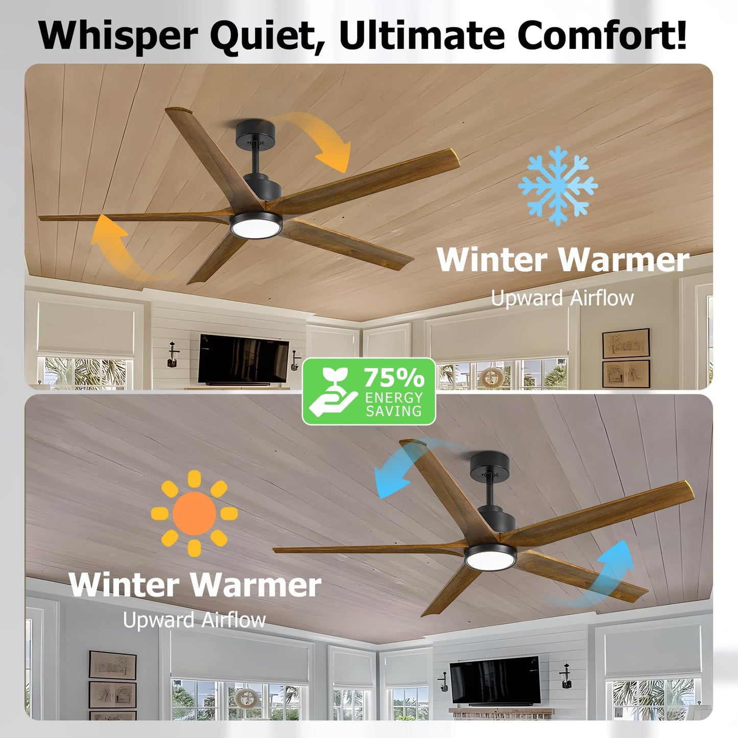 60 Inch Ceiling Fan with Lights, Outdoor Wood Silent Ceiling Fans, Modern High CFM Farmhouse Ceiling Fans, Quiet Reversible DC Motor, 5 Blades 6 Speed for Bedroom Living Room Exterior Patios