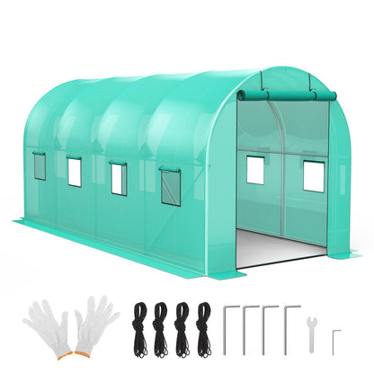 7*15*7FT Walk-in Greenhouse, Portable Walking in Tunnel Tent, Walking in Tunnel Tent with Galvanized Pipe, 2 Roller Zippered Door & 8 Screen Windows, Greenhouses for Outdoors (Bottom widening Design)