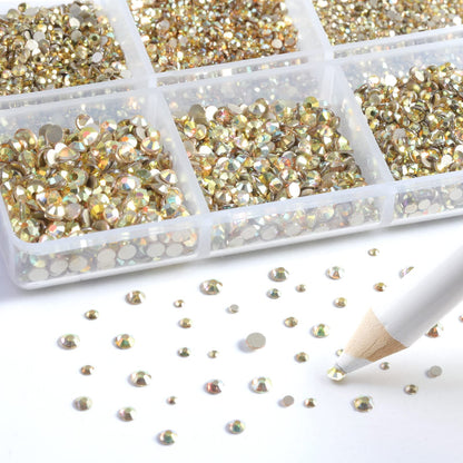 Beadsland 7200pcs Flatback Rhinestones,Gold Rhinestone Nail Gems Round Crystal Rhinestones for Crafts,Mixed 6 Sizes with Wax Pencil Kit, SS3-SS10,Metal Sunlight