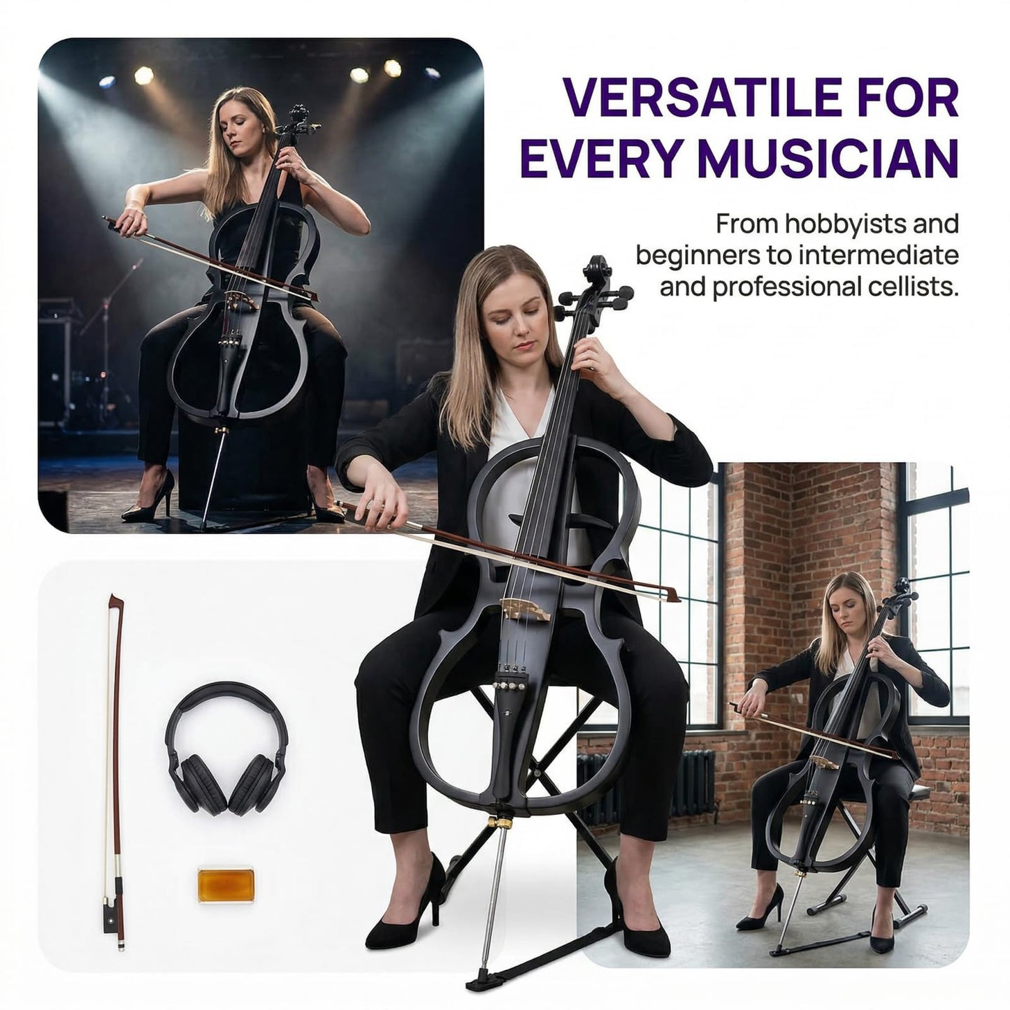 Verahaus Electric Cello 4/4 Full Size Ebony Fittings with Lightweight Cello Bag, Headphones, Bow, Bridge, Rosin, Cello for Beginners Adults(Metallic Black)