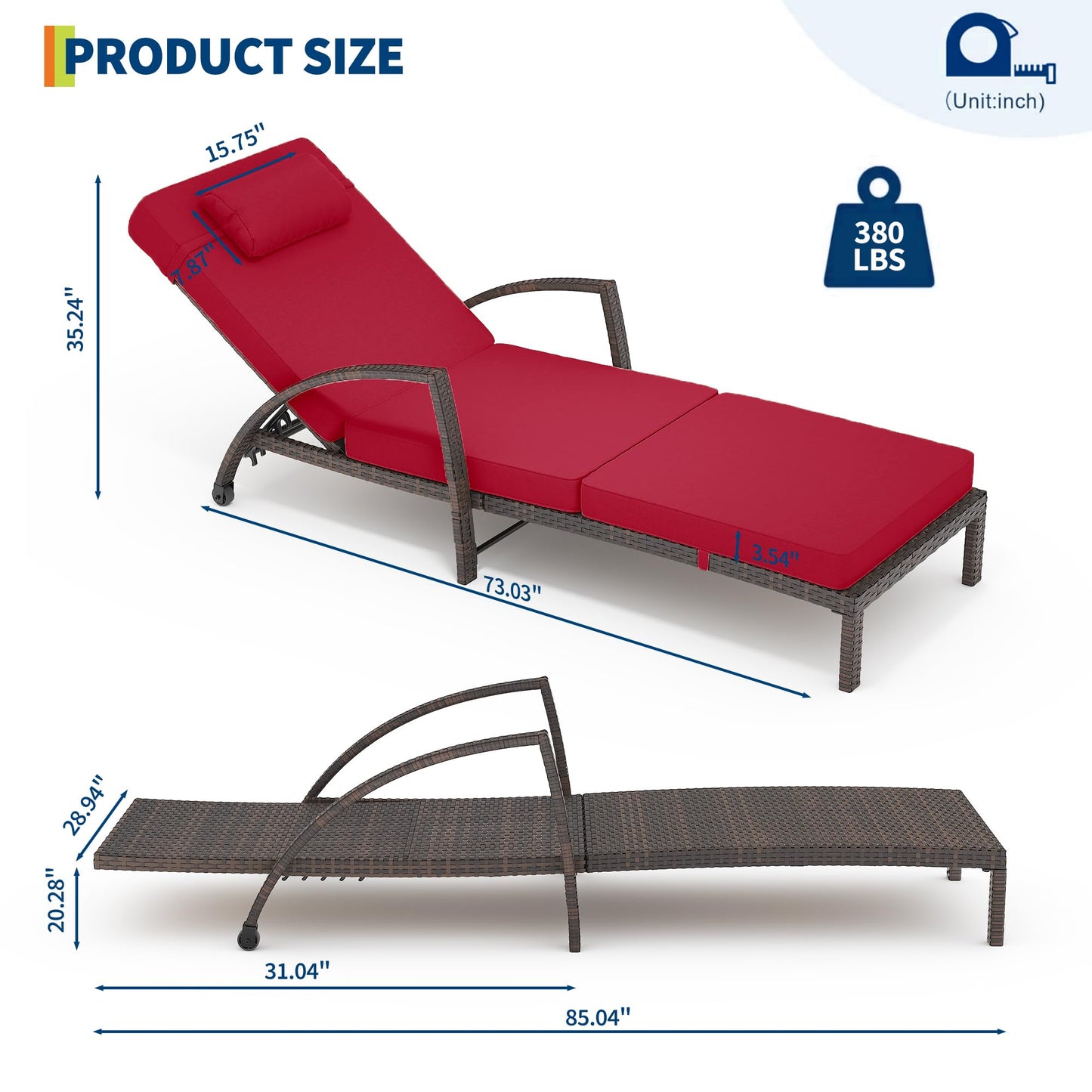 GarveeLife 2-Piece Rattan Patio Folding Chaise Lounge, 5-Position Adjustable Backrest Outdoor Lounge Chair with Cushion and Pillow for Poolside, Backyard, Deck, Porch, Red