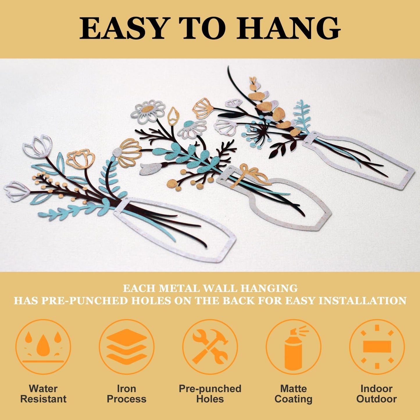 Aikgidtt 3 Pieces Metal Flowers Wall Art Set | Rustic Indoor & Outdoor Wall Decor with Mounting Kit Waterproof Finish for Bathroom Bedroom Living Room | House-Warming Gifts (Beige Gold)