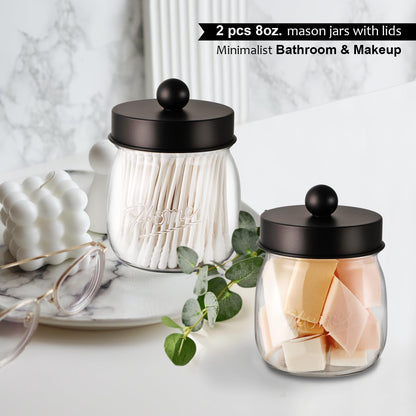 Farmhouse Decor Apothecary Jar Set, Mason Jar Bathroom Storage Organizer for Cotton Swabs, Floss Picks (4 Pack, Bronze)