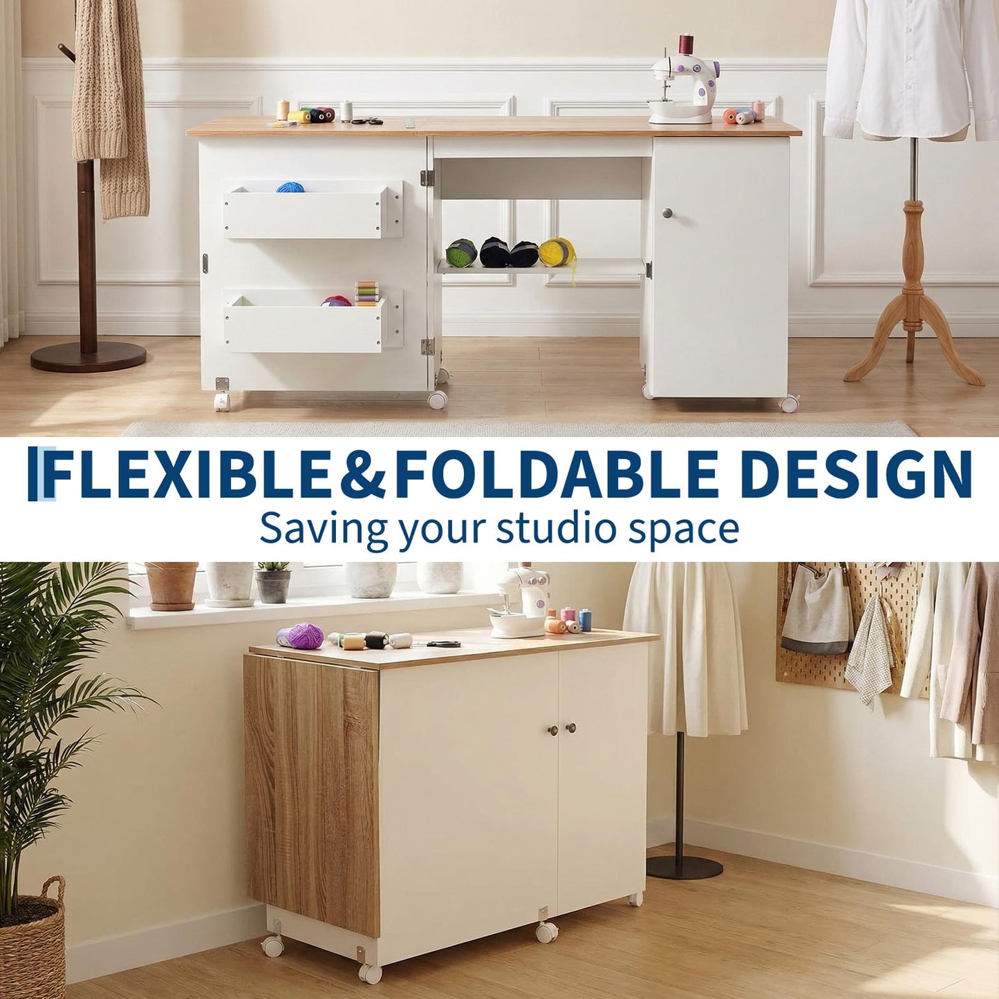 Large Folding Sewing Table, 63" x 19" x 29.5" Multipurpose Portable Craft Station & Side Desk with Compact Design, Caster Wheels, Storage Shelves, 2 Storage Trays, Magnetic Doors, White + Natural