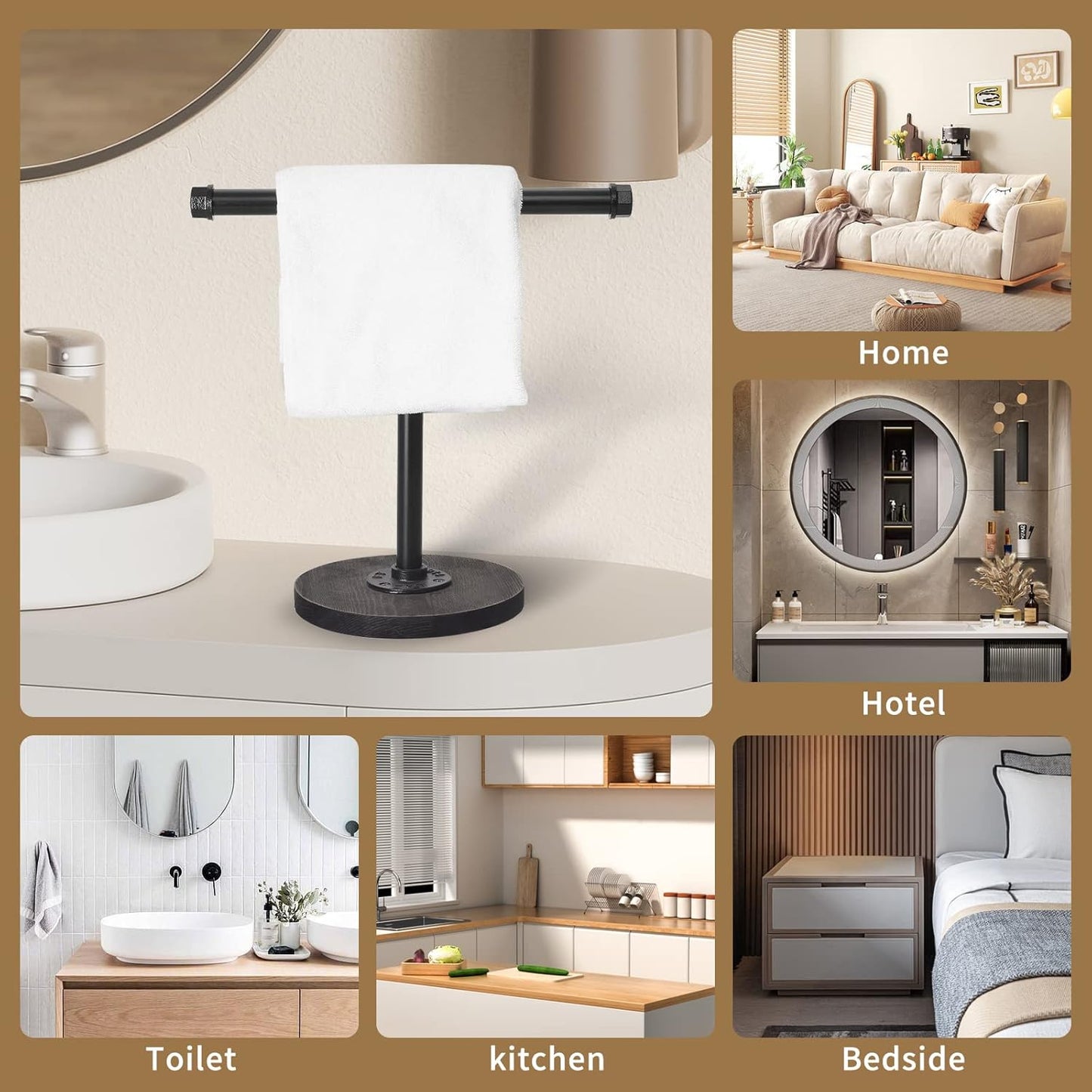 Hand Towel Stand with Wood Base, Industrial Pipe Heavy Duty Countertop Towel Holder for Bathroom and Kitchen