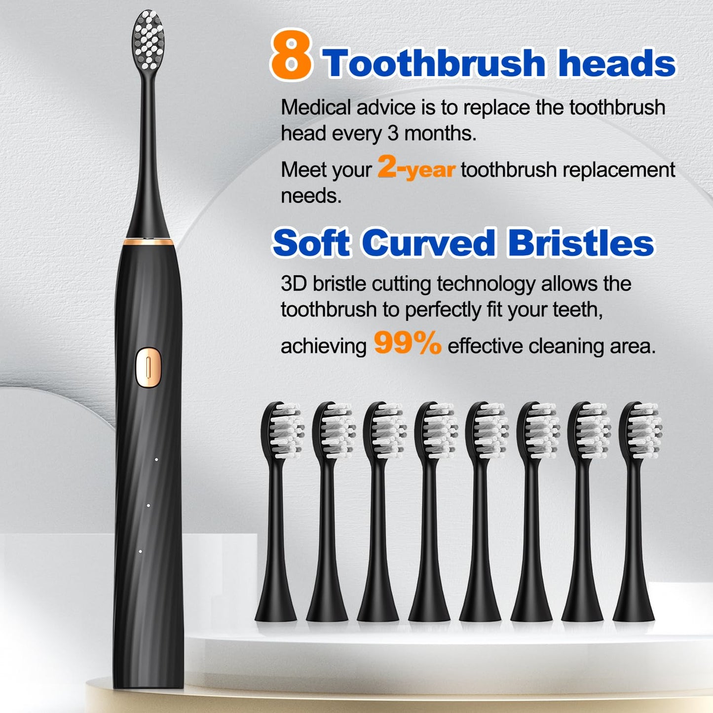 FXQQZZ Electric Toothbrush for Adults and Kids, with Tongue Scraper and Travel Case, 8 Brush Head, Smart Timer & 4 Modes Rechargeable Toothbrush, 42000 VPM Deep Clean, One Charge Last 90 Days - Black