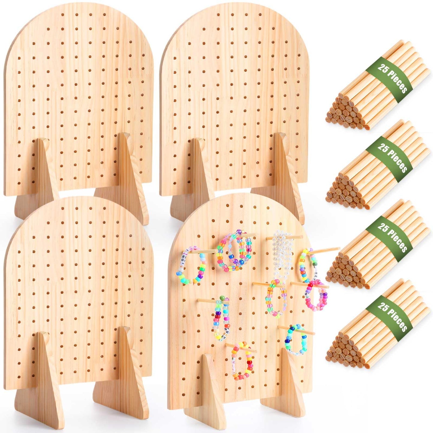 Colingmill 4 Sets Keychain Display Stand Wooden Pegboard Display Stand with 25 Pcs Dowel Rods Oval Bracelet Organizer Holder for Jewelry, Craft Shows, Necklace, Selling, 15.75" x 11.81" (Wood)