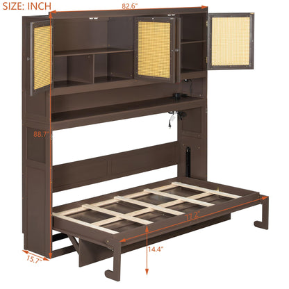 Merax Twin Murphy Bed Frame with Top Cabinet, Multi Storage Shelves & 4 Ratten Doors, 2-in-1 Bed Desk Space Saving Foldable Wall Bed with Light & USB Charging Ports, Espresso