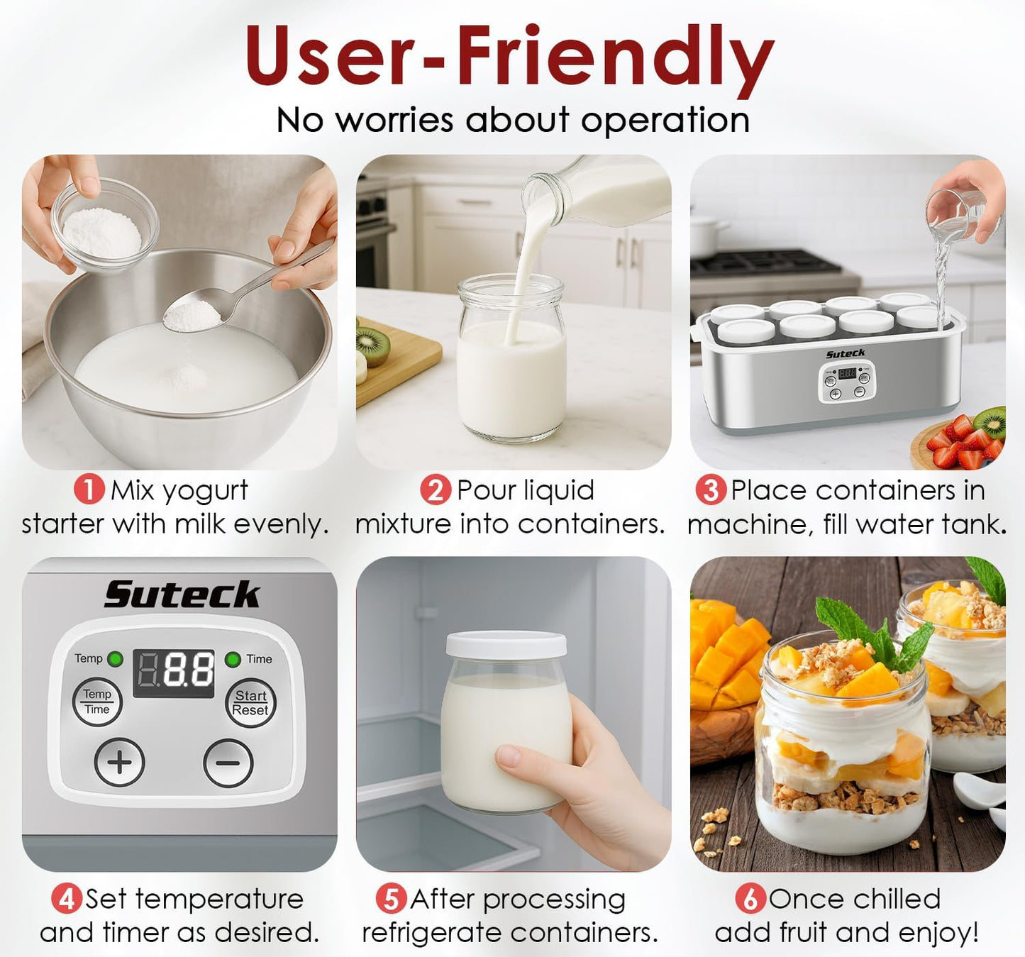 8 48 oz Suteck Yogurt Maker with Glass Jars, Time & Temp Adjustable Control Yogurt Machine, Homemade Greek & Probiotic