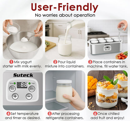 8 48 oz Suteck Yogurt Maker with Glass Jars, Time & Temp Adjustable Control Yogurt Machine, Homemade Greek & Probiotic