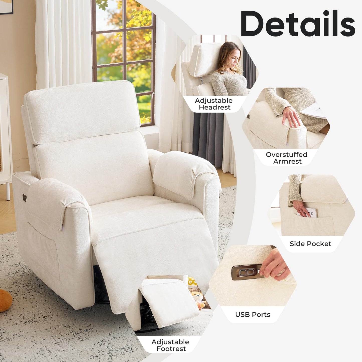 Rhevoy Oversized Power Rocker Recliner Chair, 26" Extra Wide Swivel Recliner with Adjustable Headrest, Chenille Glider Rocking Nursery Chair with Overstuffed Armrest, USB Ports, Cream