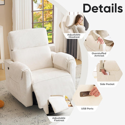 Rhevoy 24" Extra Wide Swivel Rocker Recliner Chair with Adjustable Headrest, Oversized Power Rocker Recliner with Overstuffed Armrest, Chenille Rocking Chair Nursery with USB Ports, Cream