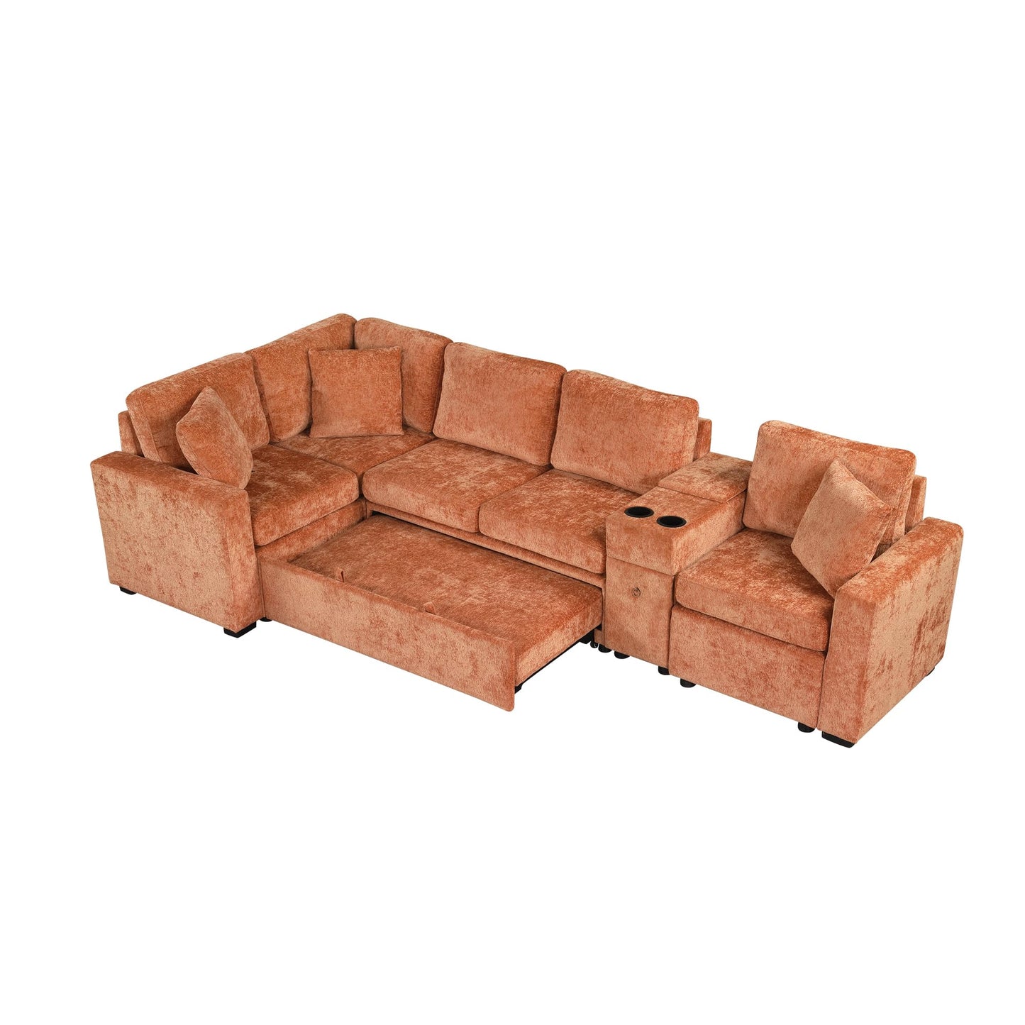 Merax 120.5" L-Shaped Sectional Sofa, Modular Convertible Couch Reversible Sleeper with Pull-Out Bed, Cup Holders, and Ample Storage for Living Room, Orange
