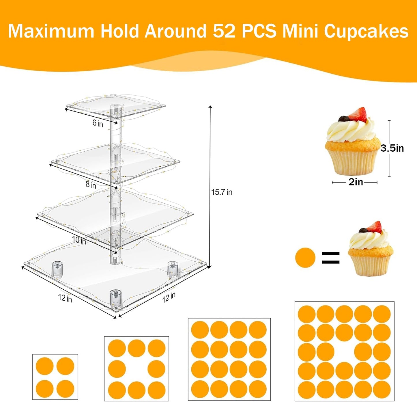 YestBuy 4 Tier Cupcake Stand Acrylic Tower Display with LED Light Premium Holder Dessert Tree Tower for Birthday Candy Bar Décor Weddings, Parties Events (Yellow Light)