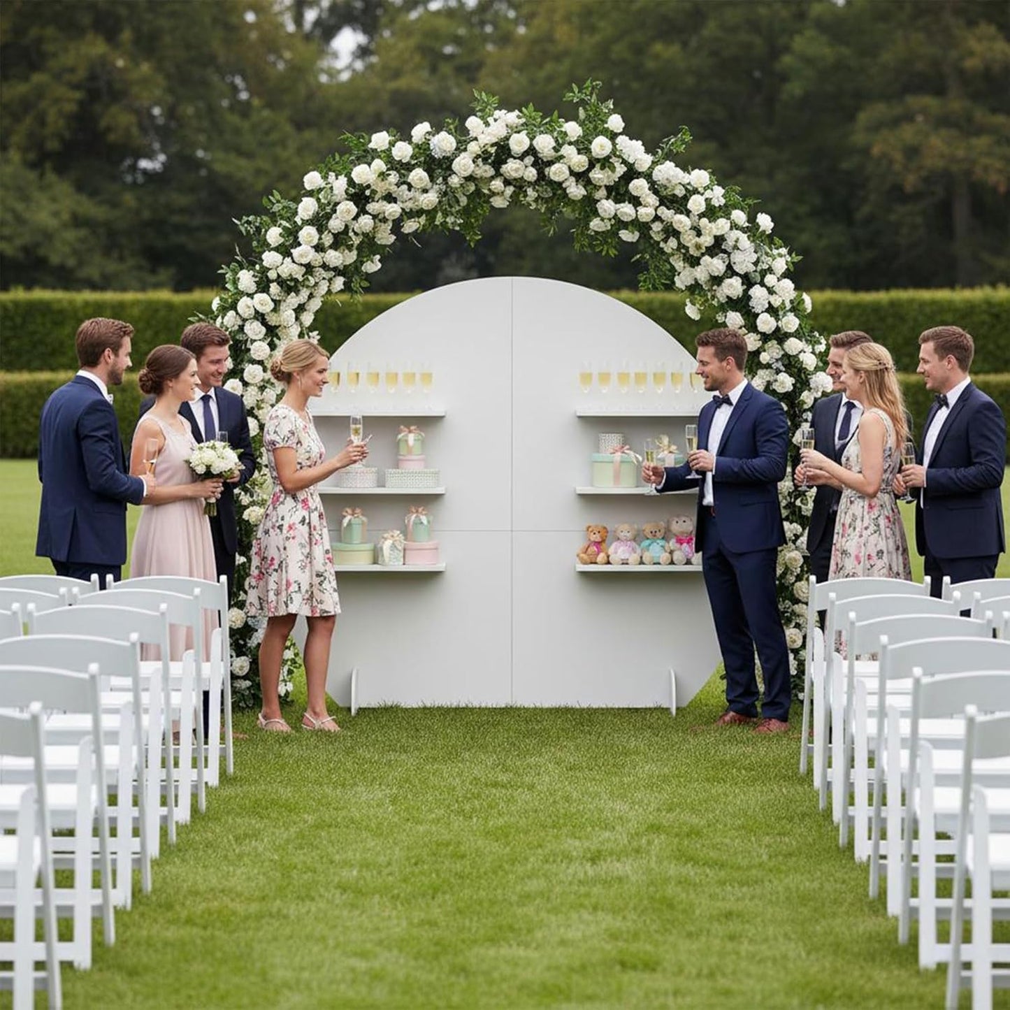 6.56FT Wooden Wedding Gift Display Arch, 6-Tier Champagne Wall Backdrop with Shelves for Party Favors, Escort Cards, Cupcakes & Desserts, Reusable Display Stand for Wedding Reception, Ceremony, Bridal Shower