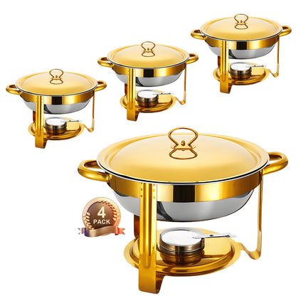 Round Chafing Dish Buffet Set of 4, Stainless Steel Food Warmers with Lids and Fuel Holders, Catering Chafer Serving Set for Banquets, Parties, Events(D)