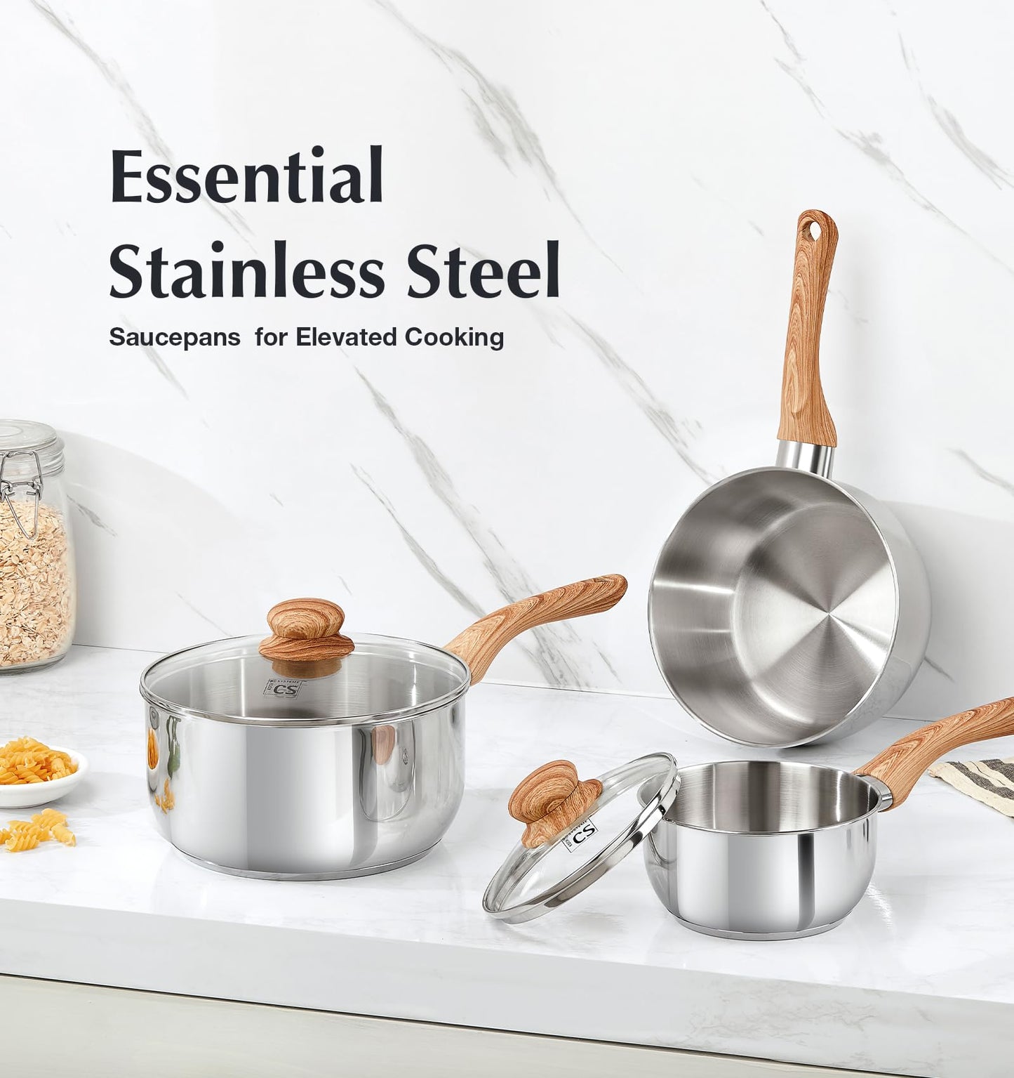 KOCH SYSTEME CS Stainless Steel Saucepan Set, 6 Piece Stainless Steel Pot 1QT & 2QT & 3QT with Heat-resistant Bakelite Handle, Tri-ply Base Pots, Sauce Pan Induction Ready, Pot Set 6PCS