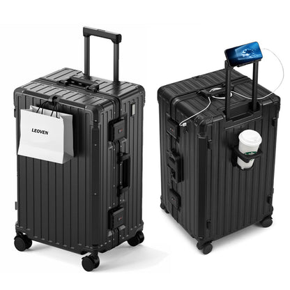 LEOVEN Hardside Luggage, LS-0683 PC Hard Shell Suitcase with Cup Holder, USB, Type-C, 3:7 Ratio, Large Capacity, Aluminium Frame, TSA Customs Lock, 360° Double Wheels with Brake and Shock Absorber
