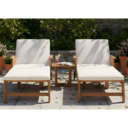 Christopher Knight Home 3-Piece Outdoor Chaise Lounge Chair Set of 2 with Side Table, Acacia Wood Patio Lounge Chairs with Cushion & Wheels, 3-Position Adjustable Beach Backyard Furniture, Beige/Teak