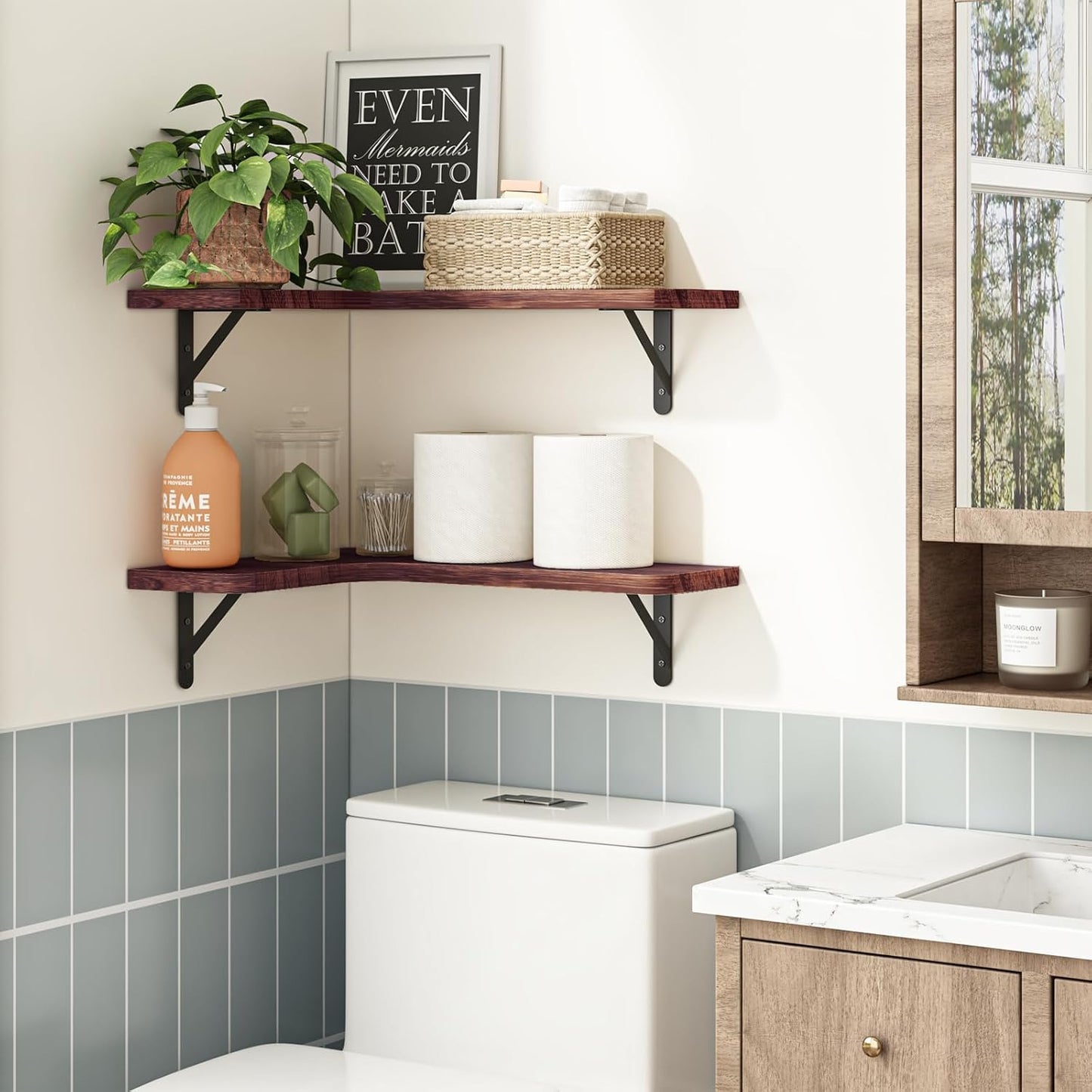 Room(Set 4 YGEOMER Corner Floating Shelves, Wall Mounted Corner Shelf for Bathroom, Kitchen, Bedroom, Home Decor