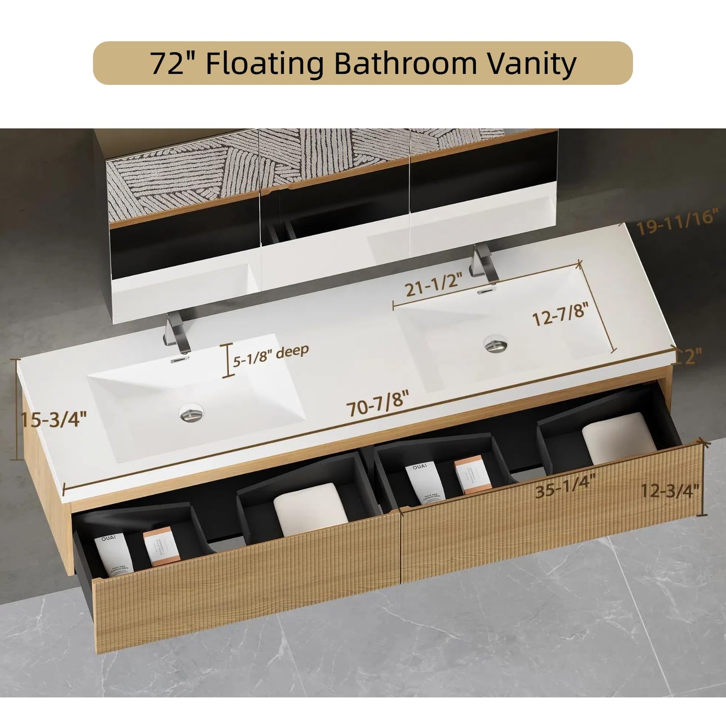 Trygoal 72'' Floating Bathroom Vanity with Sink, Wall-Mounted Bathroom Storage Cabinet with 2 Soft-Close Striped Drawers & Double Solid Surface Basins, Natural Oak Body with Internal Handle, Wood