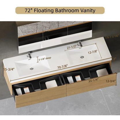 Trygoal 72'' Floating Bathroom Vanity with Sink, Wall-Mounted Bathroom Storage Cabinet with 2 Soft-Close Striped Drawers & Double Solid Surface Basins, Natural Oak Body with Internal Handle, Wood