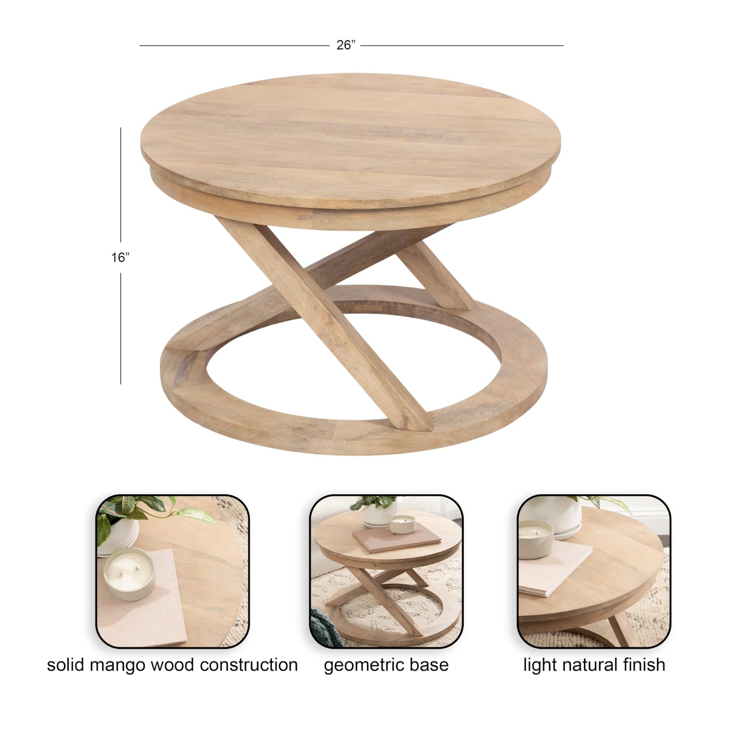 Kate and Laurel Aja Bohemian Round Mango Wood Coffee Table, 26 inch Diameter, Light Natural, Decorative Geometric Modern Coffee Table for Hosting, Storage, and Living Room Decor