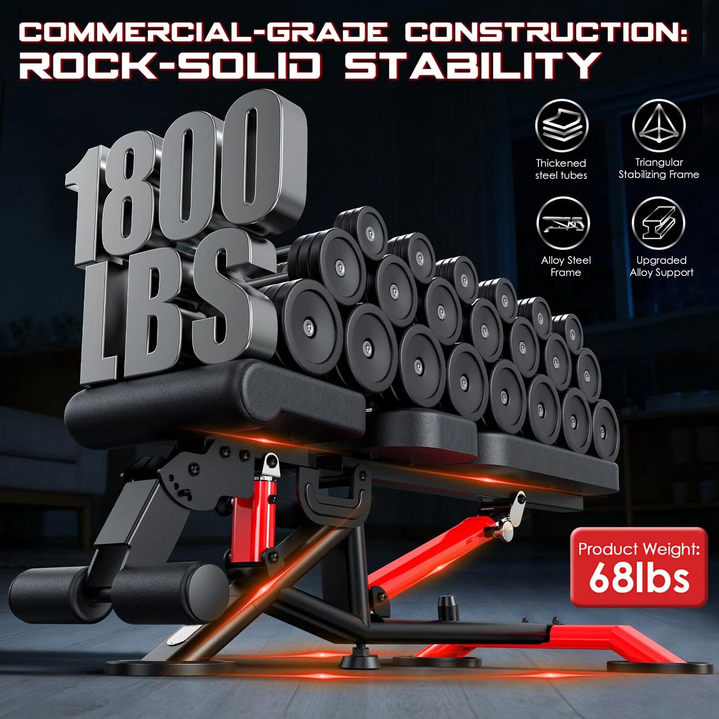 WFLGFT Commercial Adjustable Weight Bench, Heavy Duty 1800LBS Workout Bench for Home Gym, Flat, Decline, Incline Bench Press with Removable Leg and Elbow Support for Full Body Strength Training