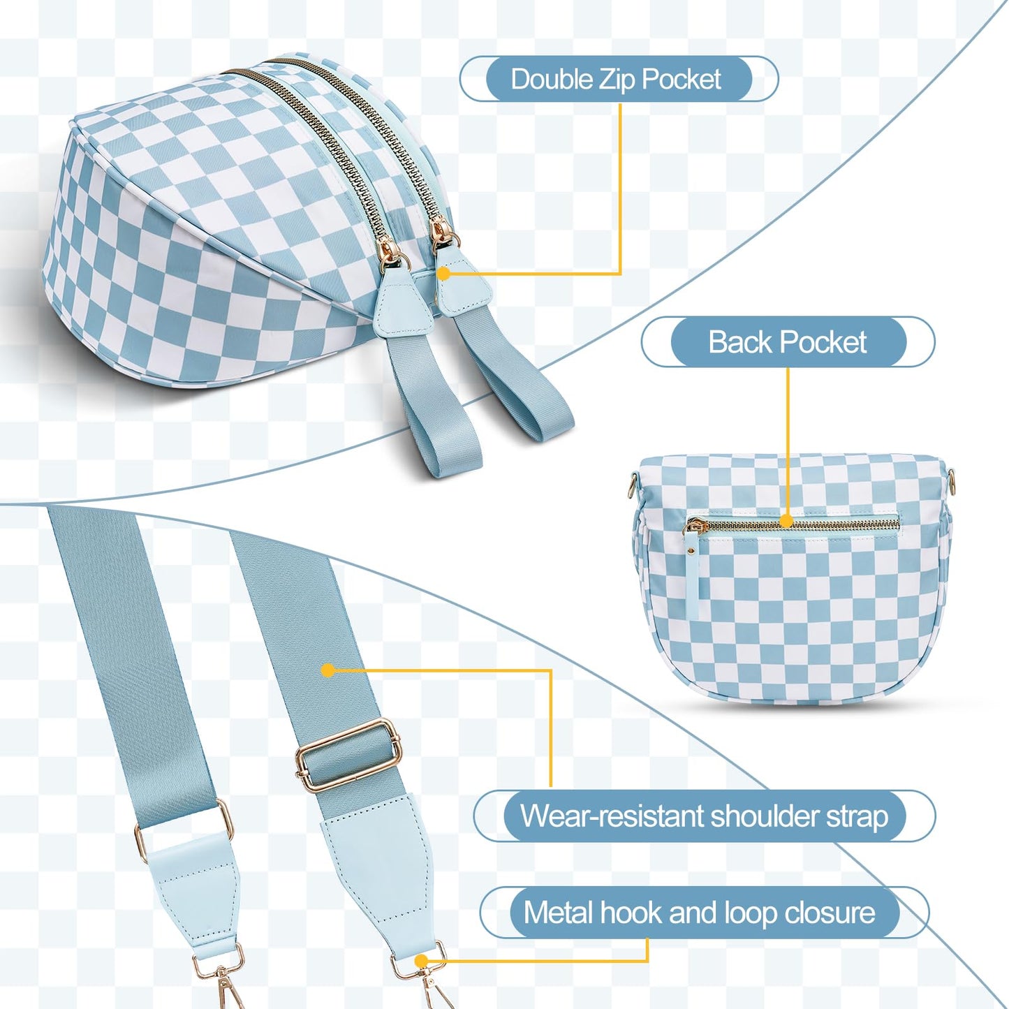 Checkered Crossbody Bag,Nylon Bum Bags for Women Crossbody,Spacious Sling Bag Purse Fanny Packs with Shoulder Strap
