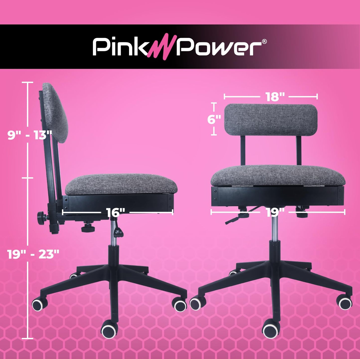 Pink Power Sewing Chair with Wheels and Adjustable Back Support - Hydraulic Armless Machine Chair for Crafting, Quilting, Artists - Sewing Room Furniture - Ergonomically Designed Professional